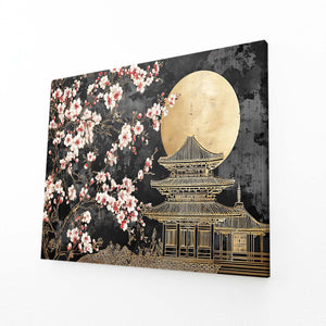 Gold Moon Japanese Cherry Blossom Temple Wall Art