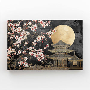 Gold Moon Japanese Cherry Blossom Temple Wall Art