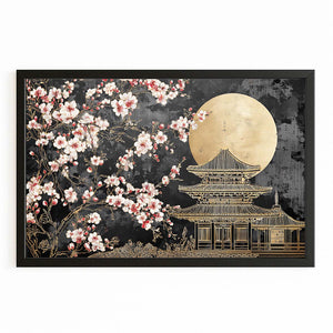 Gold Moon Japanese Cherry Blossom Temple Wall Art
