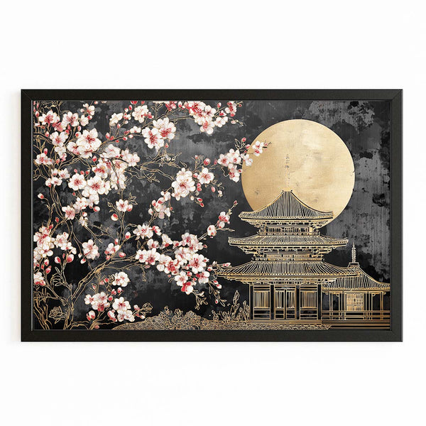 Gold Moon Japanese Cherry Blossom Temple Wall Art