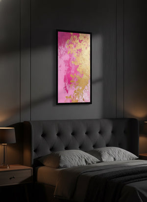 Canvas in a black frame hung above a headboard in a serene dark bedroom | MusaArtGallery