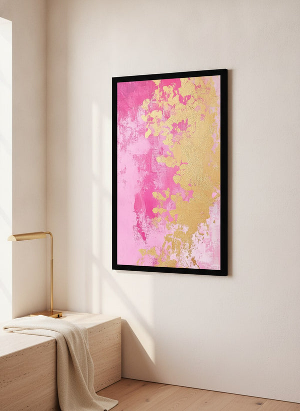 Pink and gold abstract canvas in a black frame in a light bedroom | MusaArtGallery