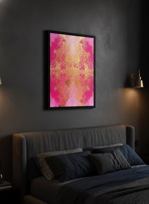 Canvas in a black frame hung above a bed in a warm dark bedroom | MusaArtGallery