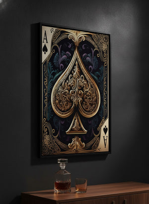 Luxurious Ace of Spades canvas art in a black floating frame, hung above a walnut cabinet with a whisky decanter in a dark man cave | MusaArtGallery™