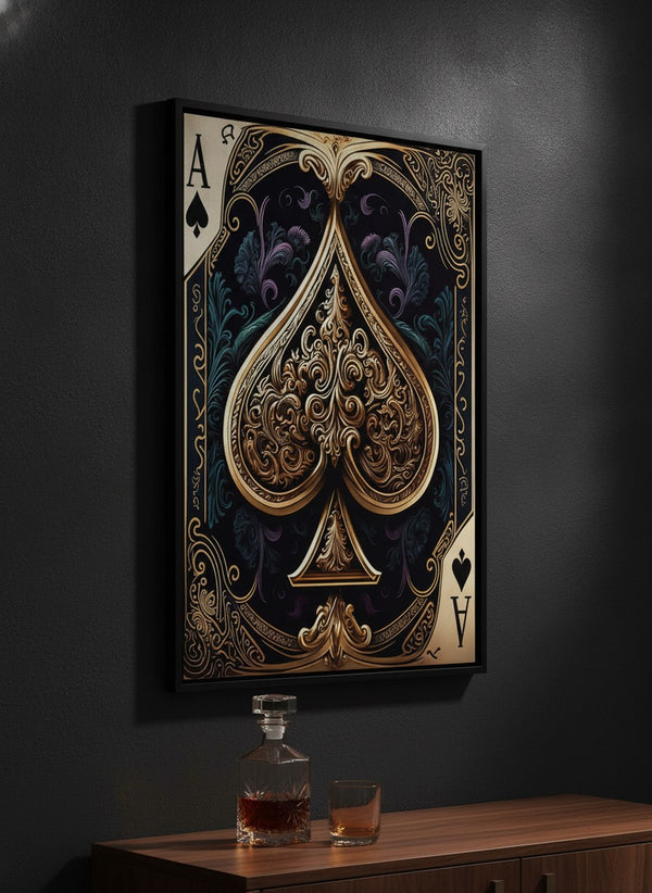 Luxurious Ace of Spades canvas art in a black floating frame, hung above a walnut cabinet with a whisky decanter in a dark man cave | MusaArtGallery™