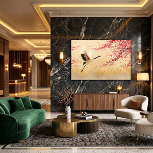 Minimalist Cherry Blossom Crane Wall Art