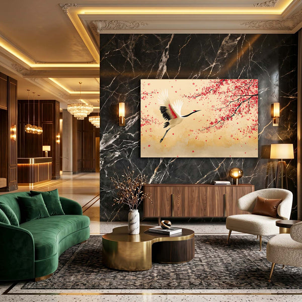Minimalist Cherry Blossom Crane Wall Art
