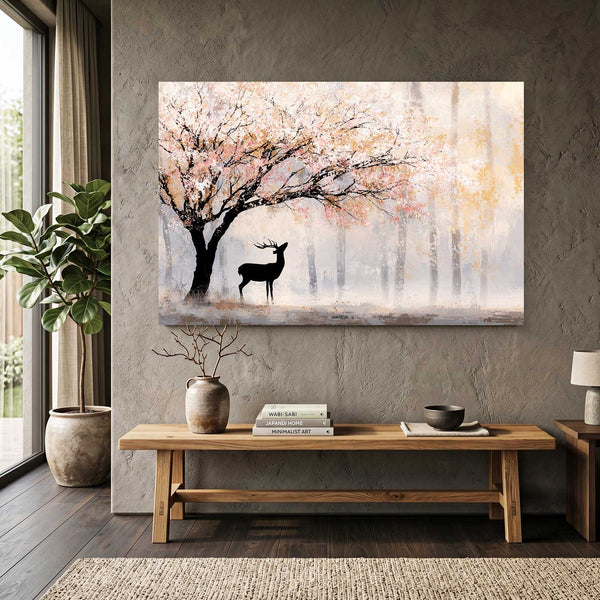 Misty Deer Cherry Blossom Tree Art