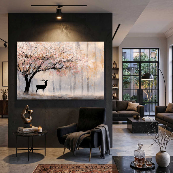 Misty Deer Cherry Blossom Tree Art