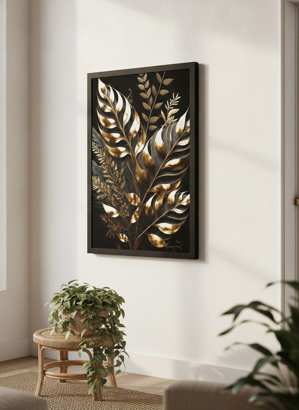 Gold botanical boho canvas in a black frame in a warm sunlit corner | MusaArtGallery