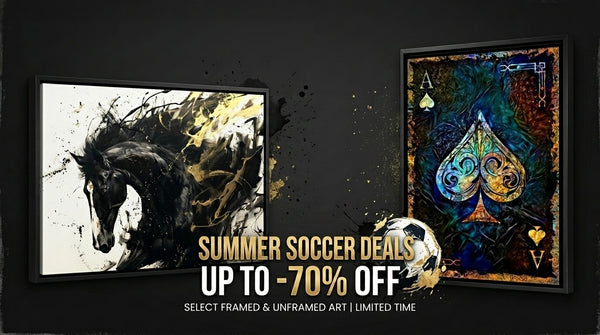 Two framed artworks with a promotional banner for summer soccer deals on a dark background.