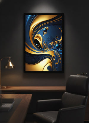 Navy blue and gold abstract canvas art in a black floating frame, hung above a desk in a dark executive office | MusaArtGallery™