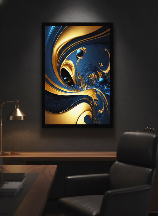 Navy blue and gold abstract canvas art in a black floating frame, hung above a desk in a dark executive office | MusaArtGallery™