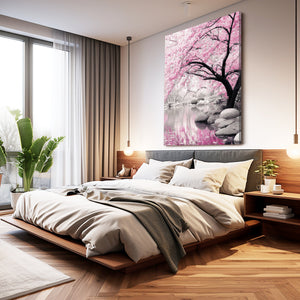 Pink Cherry Blossom Lake Wall Art