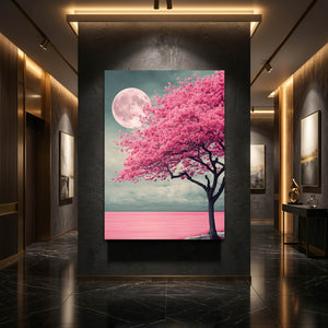 Pink Cherry Blossom Tree Moon Wall Art