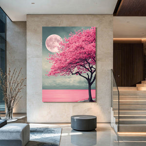 Pink Cherry Blossom Tree Moon Wall Art