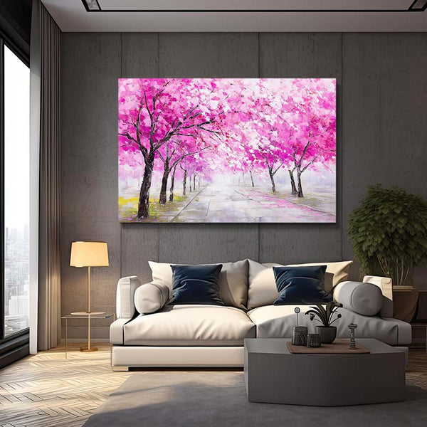Pink Cherry Blossom Trees Landscape Art