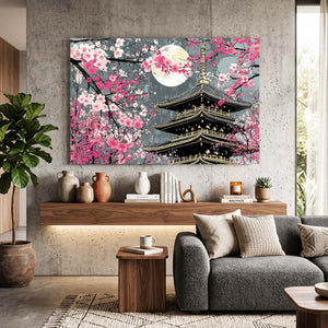 Pink Japanese Cherry Blossom Pagoda Wall Art