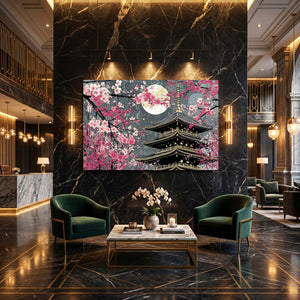 Pink Japanese Cherry Blossom Pagoda Wall Art
