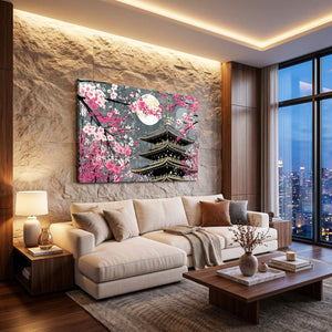 Pink Japanese Cherry Blossom Pagoda Wall Art