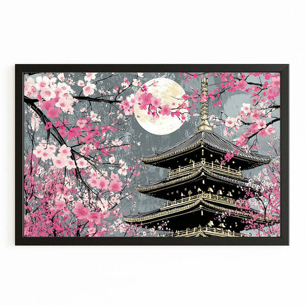 Pink Japanese Cherry Blossom Pagoda Wall Art