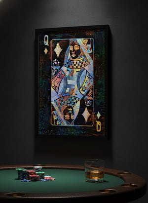 Pop Queen of Diamonds canvas art in a black floating frame, hung above a green felt poker table | MusaArtGallery™