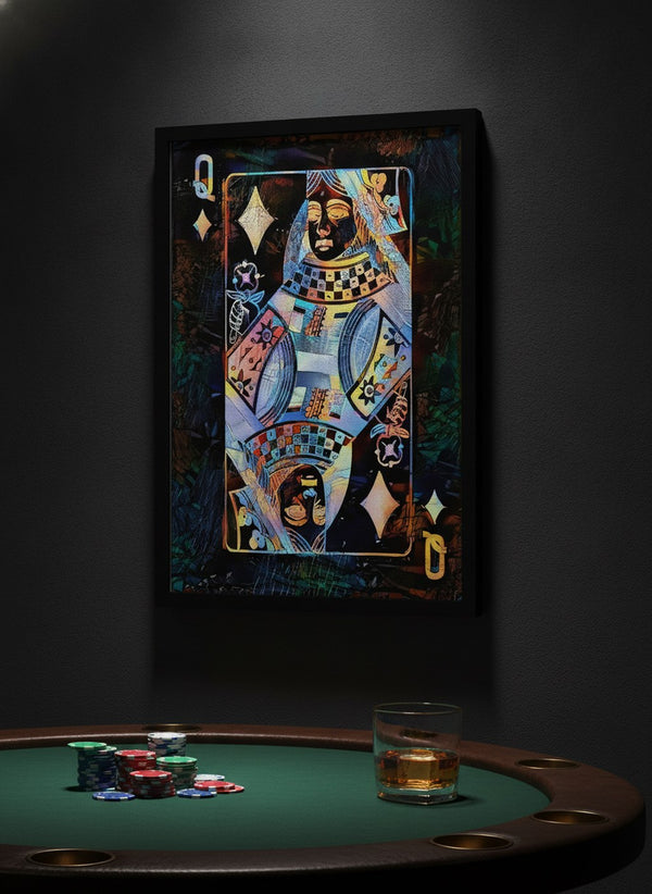 Pop Queen of Diamonds canvas art in a black floating frame, hung above a green felt poker table | MusaArtGallery™