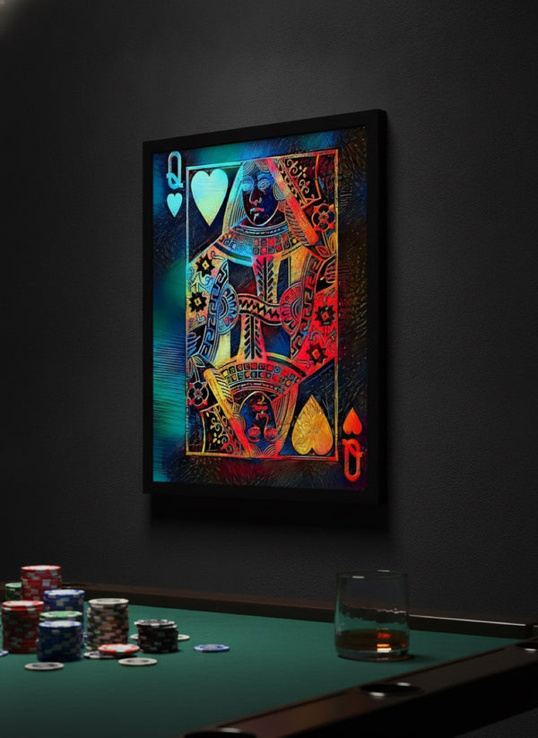 Canvas in a black frame hung above a card table in a dark games room | MusaArtGallery