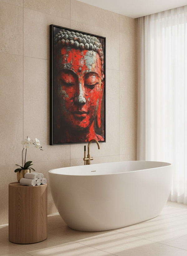 Red Buddha canvas art in a black frame, hung above a freestanding bathtub in a bright travertine bathroom | MusaArtGallery™