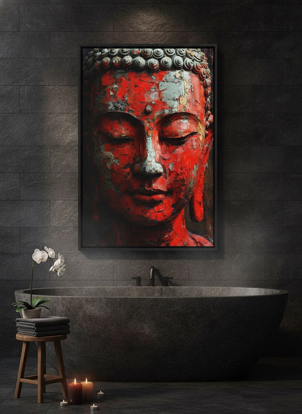 Red Buddha canvas art in a black frame, hung above a stone bathtub in a dark slate bathroom | MusaArtGallery™