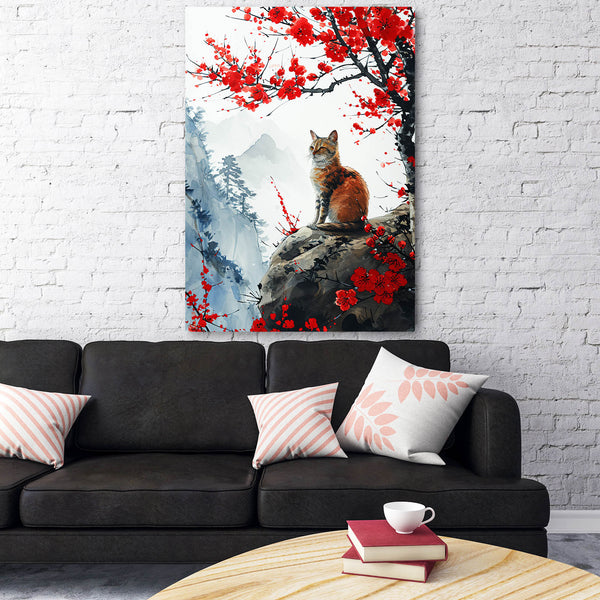 Red Flowers Cat Art | MusaArtGallery™