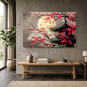 Red Japanese Cherry Blossom Pagoda Wall Art