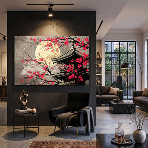 Red Japanese Cherry Blossom Pagoda Wall Art