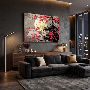 Red Japanese Cherry Blossom Pagoda Wall Art