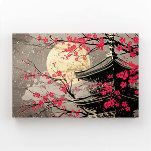 Red Japanese Cherry Blossom Pagoda Wall Art