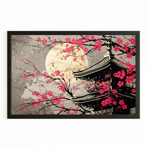 Red Japanese Cherry Blossom Pagoda Wall Art