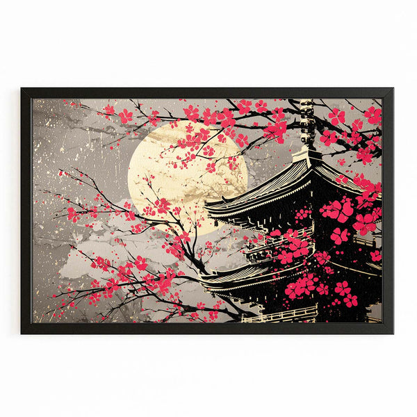 Red Japanese Cherry Blossom Pagoda Wall Art