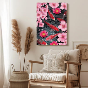 Red Koi Cherry Blossom Pond Wall Art