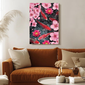 Red Koi Cherry Blossom Pond Wall Art