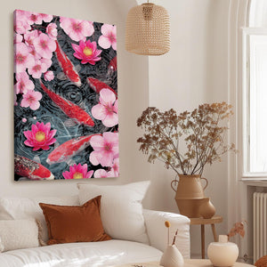 Red Koi Cherry Blossom Pond Wall Art