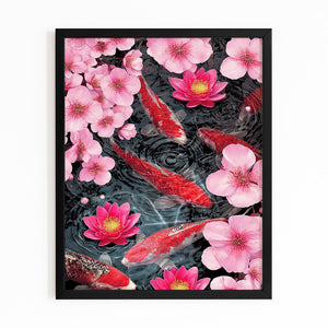 Red Koi Cherry Blossom Pond Wall Art