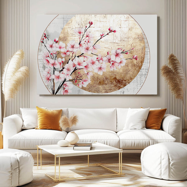 Round Moon Cherry Blossom Branch Art
