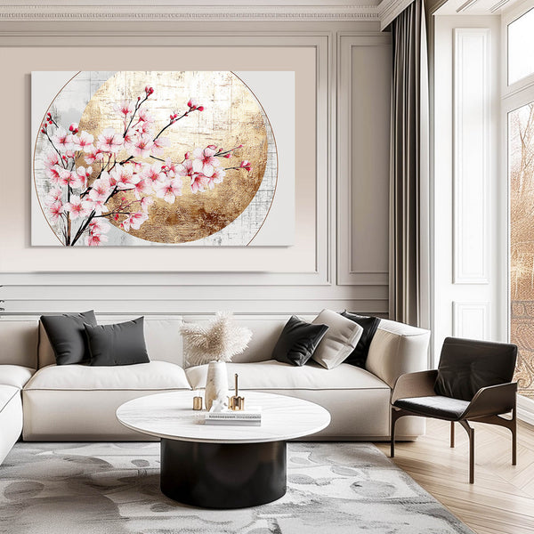 Round Moon Cherry Blossom Branch Art