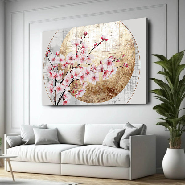 Round Moon Cherry Blossom Branch Art