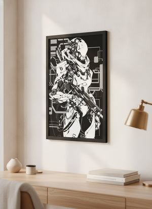 Cyberpunk canvas in a black frame in a bright modern study | MusaArtGallery