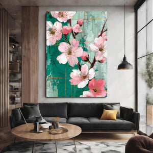 Teal Cherry Blossom Flower Wall Art