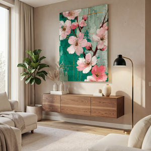 Teal Cherry Blossom Flower Wall Art