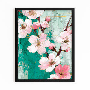 Teal Cherry Blossom Flower Wall Art