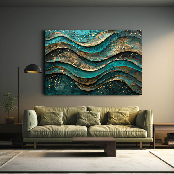 Teal Gold Waves Mexican Wall Art | MusaArtGallery™