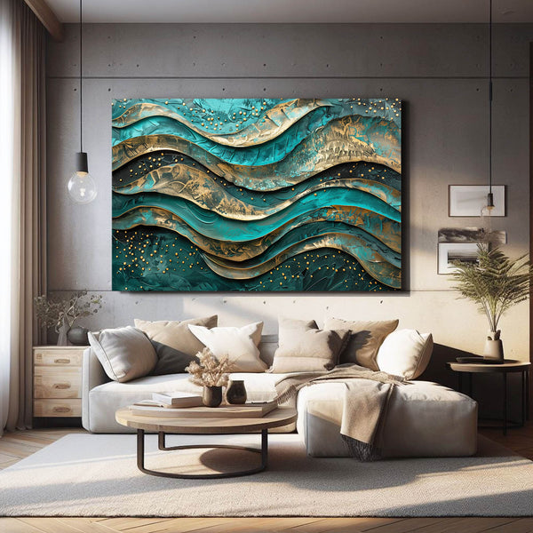 Teal Gold Waves Mexican Wall Art | MusaArtGallery™